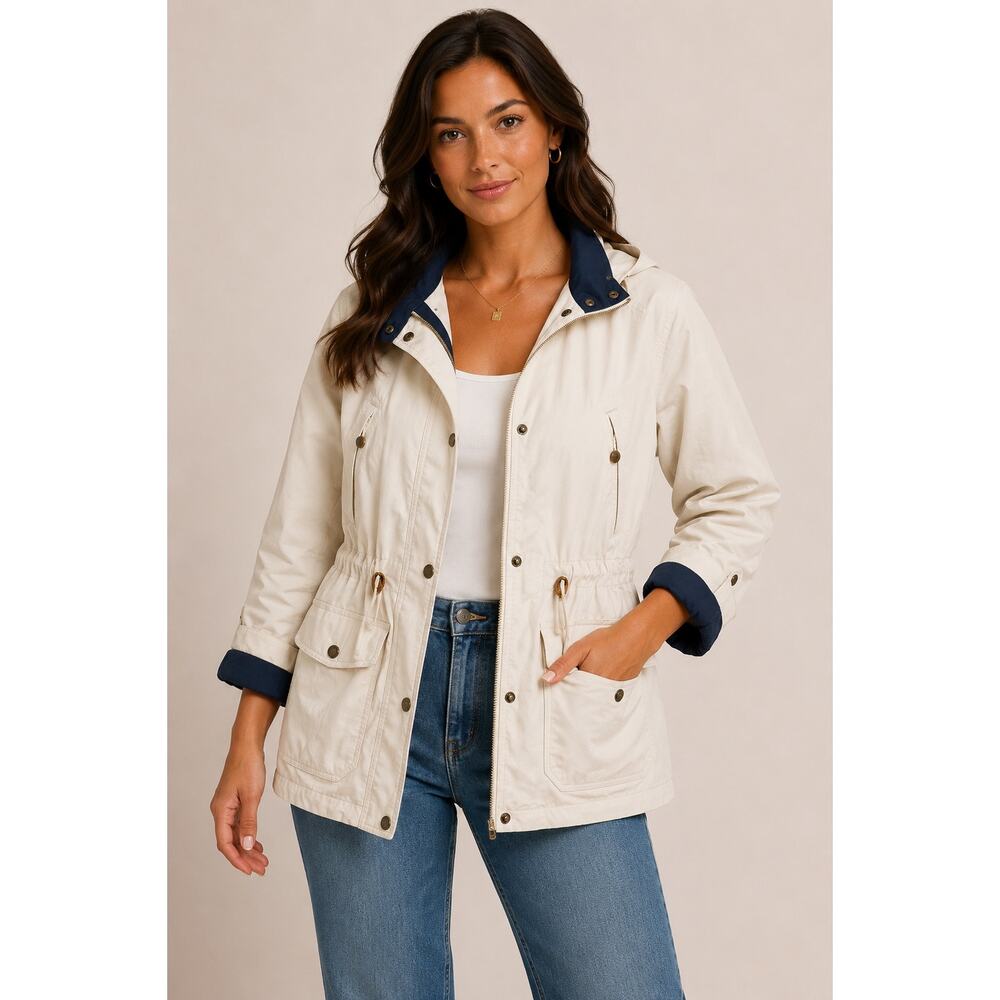 Vintage Towne by London Fog White Parka Jacket Hooded Plaid Lined Women’s XL